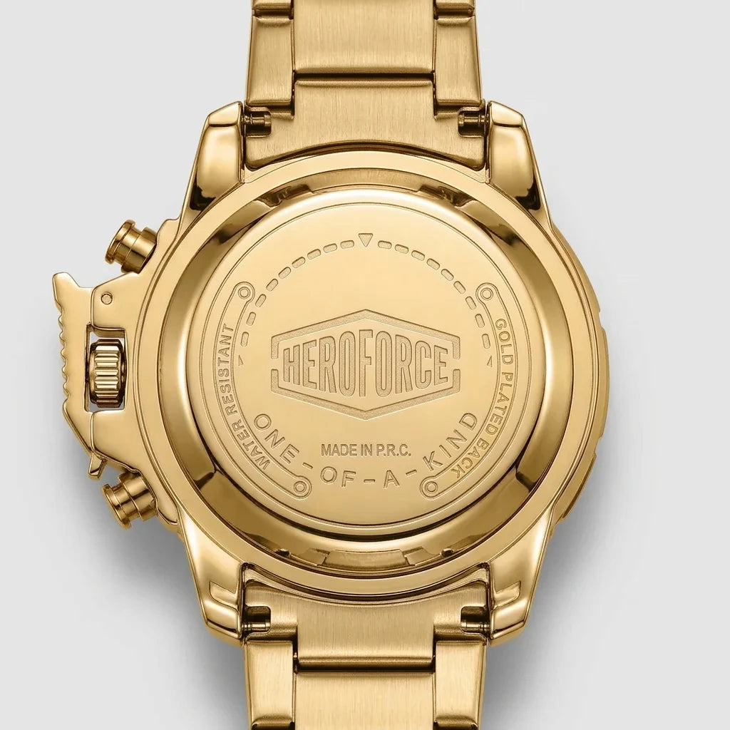 Close-up of the back of a gold-tone metal watch with a link bracelet, showing the Heroforce logo and text engraved on the case against a light gray background.