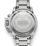 Close-up of the back of a stainless steel wristwatch with a metal link band, showing engraved branding and text including HEROFORCE and MADE IN P.R.