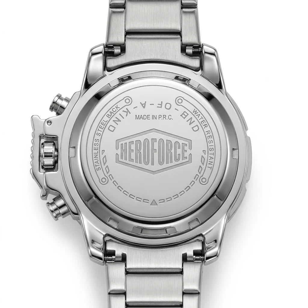 Close-up of the back of a stainless steel wristwatch with a metal link band, showing engraved branding and text including HEROFORCE and MADE IN P.R.