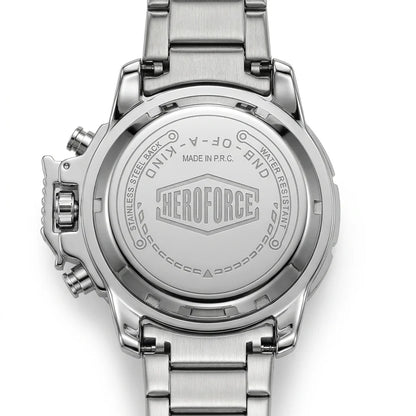 Close-up of the back of a stainless steel wristwatch with a metal link band, showing engraved branding and text including HEROFORCE and MADE IN P.R.