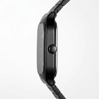Close-up side profile of a black smartwatch with a glossy rectangular face and matching black metal link band, shown against a clean white background.