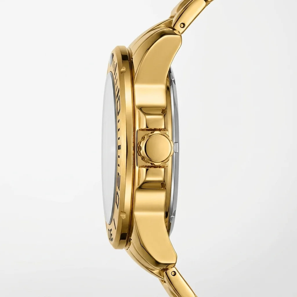 Close-up side profile of a gold-tone watch with a silver-toned inner bezel and silver crown, shown on a clean white background.