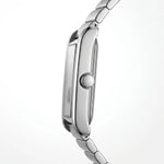 Close-up side profile of a silver stainless steel watch with a matching metal link band, featuring a polished bezel and crown, set against a clean white background.