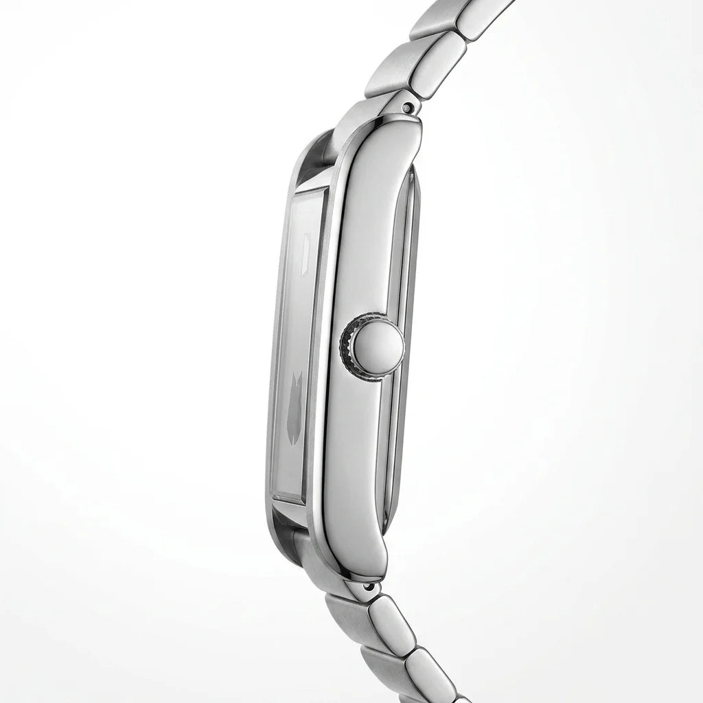 Close-up side profile of a silver stainless steel watch with a matching metal link band, featuring a polished bezel and crown, set against a clean white background.