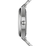 Close-up side profile of a stainless steel smartwatch with a brushed metal case and matching metal link band on a white background.