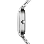 Close-up side profile of a stainless steel smartwatch with a metallic link band, showing the side case and crown on a plain white background.