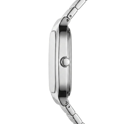Close-up side profile of a stainless steel smartwatch with a metallic link band, showing the side case and crown on a plain white background.