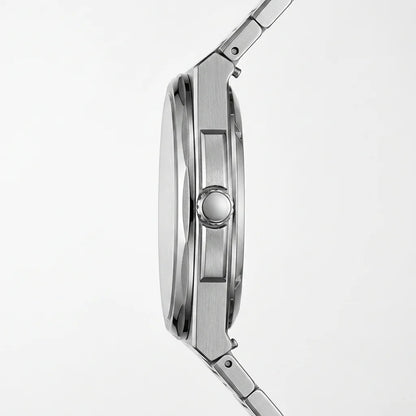 Close-up side profile of a stainless steel watch with a matching metal link band, showing the case, crown, and part of the bracelet on a light gray background.