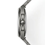 Close-up side profile of a stainless steel watch with a brushed metal case and integrated link band on a white background.