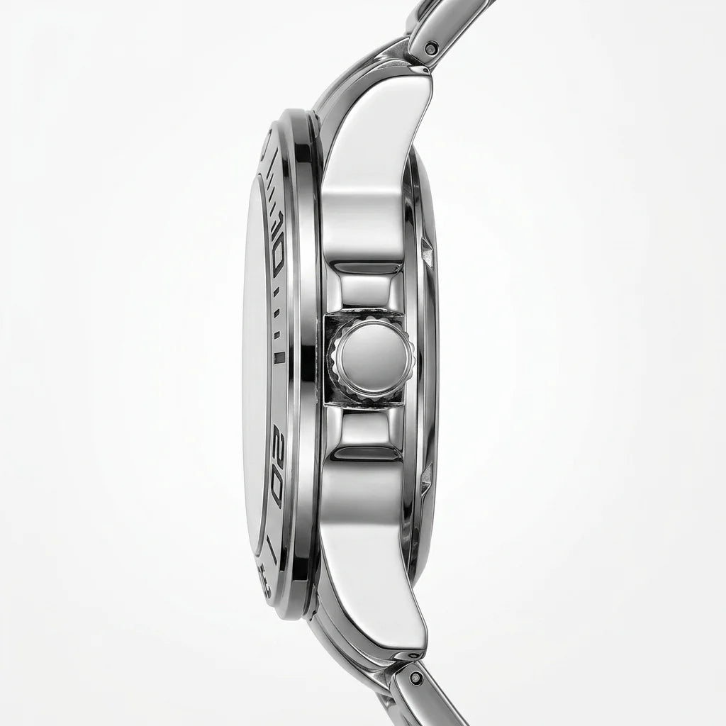 Close-up side profile of a stainless steel wristwatch with a polished silver-tone case, visible crown, and part of the bracelet on a clean white background.