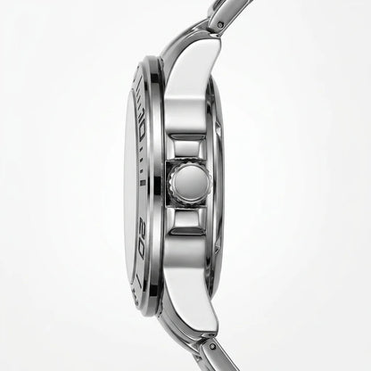 Close-up side profile of a stainless steel wristwatch with a polished silver-tone case, visible crown, and part of the bracelet on a clean white background.