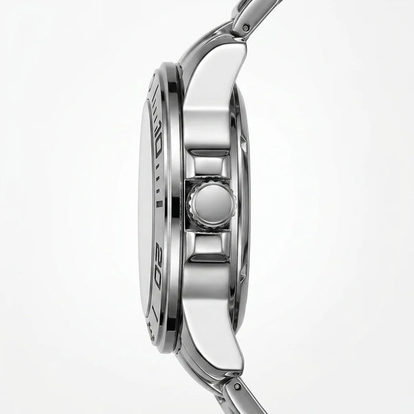 Close-up side profile of a stainless steel wristwatch with a polished silver-tone case, visible crown, and part of the bracelet on a clean white background.