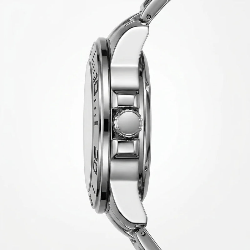 Close-up side profile of a stainless steel wristwatch with a polished silver-tone case, visible crown, and part of the bracelet on a clean white background.
