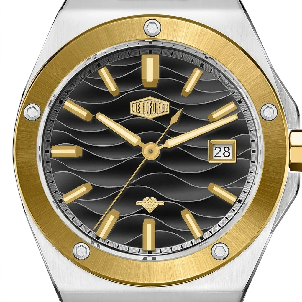 A close-up of a Deoforce men's watch featuring a silver stainless steel case, a brushed gold-tone bezel, and a black wave-patterned dial with gold-tone hands, indices, and a date window.