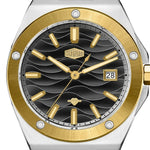 A close-up of a Deoforce men's watch featuring a silver stainless steel case, a brushed gold-tone bezel, and a black wave-patterned dial with gold-tone hands, indices, and a date window.