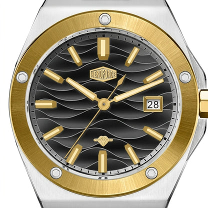 A close-up of a Deoforce men's watch featuring a silver stainless steel case, a brushed gold-tone bezel, and a black wave-patterned dial with gold-tone hands, indices, and a date window.
