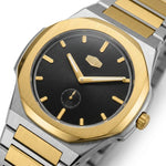 Close up view - Silver and Gold Stainless Steel Watch with Black Dial and Small Seconds