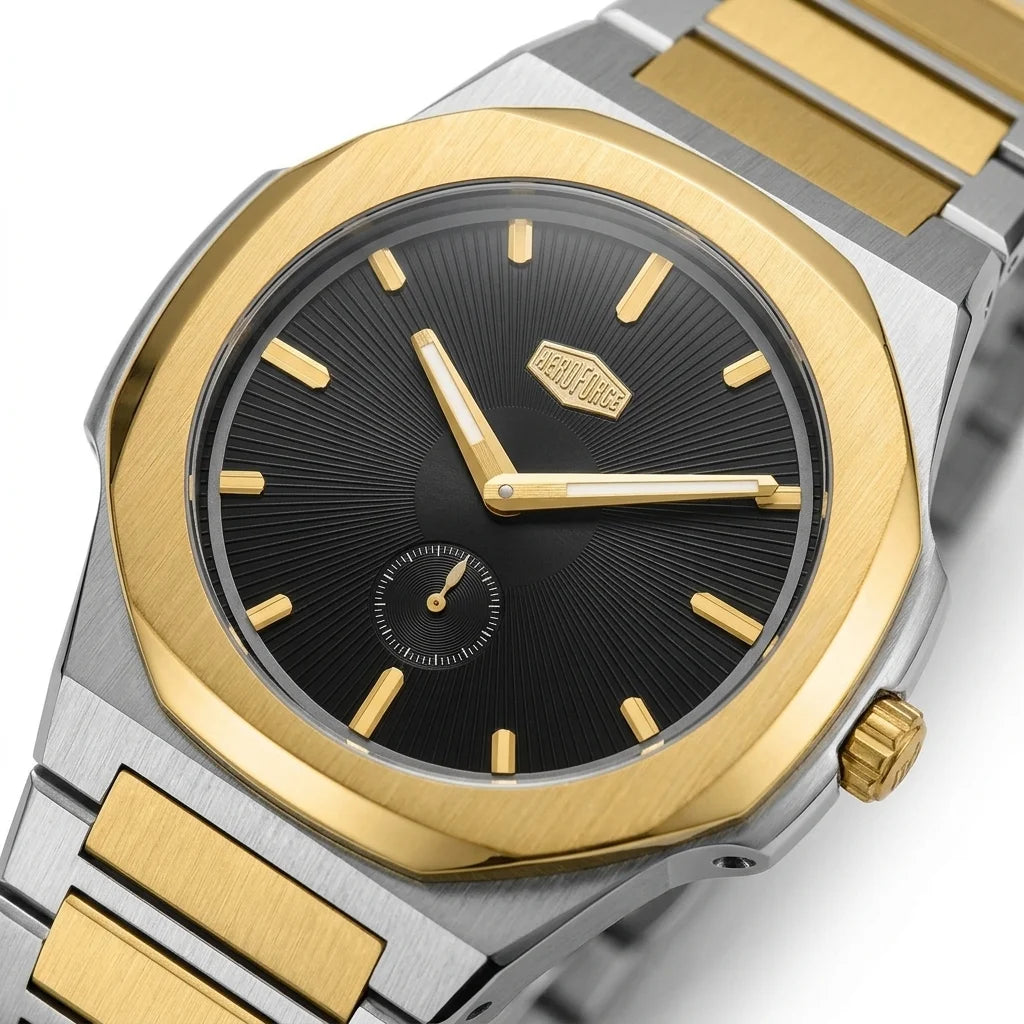 Close up view - Silver and Gold Stainless Steel Watch with Black Dial and Small Seconds