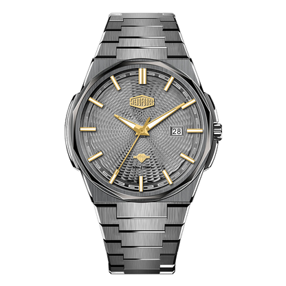 Elegant HEROFORCE wristwatch with silver band, textured gray dial, gold markers and hands, date window at 28, modern two‑tone silver‑and‑gold design.