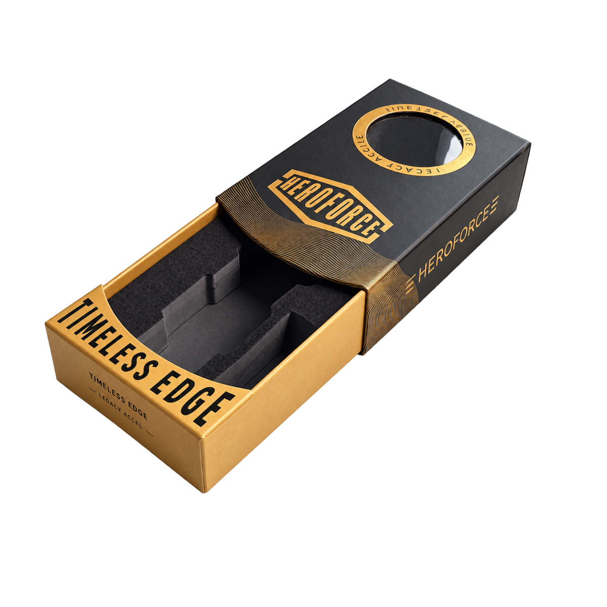 A premium presentation box for a Jumerbe Hero Force F product, featuring a gold and black design with a sliding lid and foam insert, photographed on a clean white background.