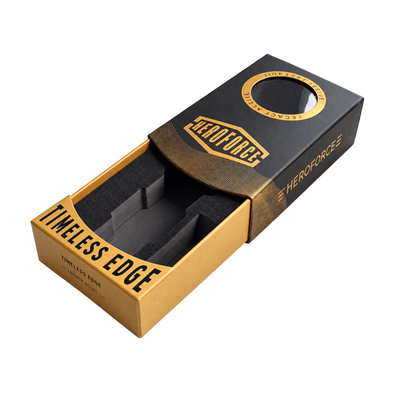 A premium presentation box for a Jumerbe Hero Force F product, featuring a gold and black design with a sliding lid and foam insert, photographed on a clean white background.