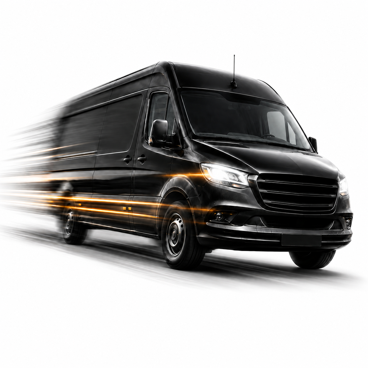 A black Sprinter van shown at a three-quarter front angle on a white background with motion blur and orange light streak effects.