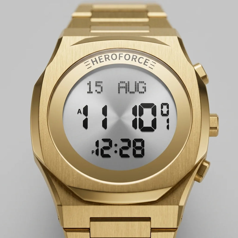 Frontal upclose - Gold digital wristwatch with metallic band, three side buttons, and display