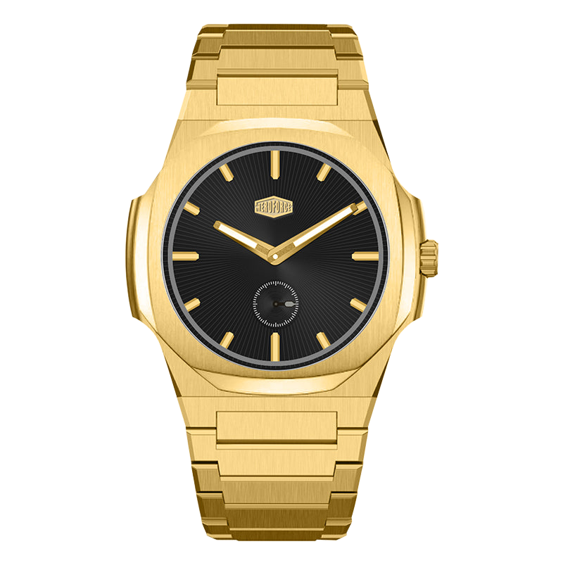 all gold watch, black sunburst dial, small seconds