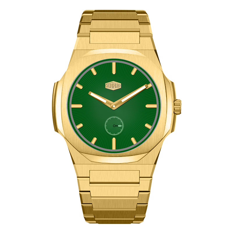 all gold watch, green sunburst dial, small seconds