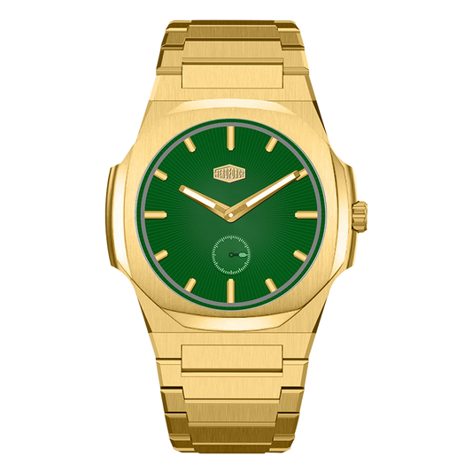 all gold watch, green sunburst dial, small seconds