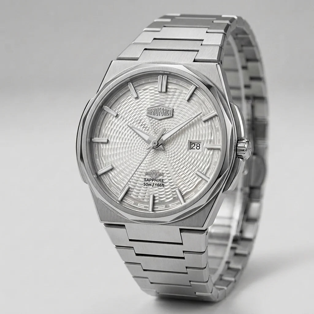 Full form of HEROFORCE wristwatch with silver bracelet, guilloché patterned dial, polished angular bezel, silver markers and hands, date window at 28, brushed steel finish.
