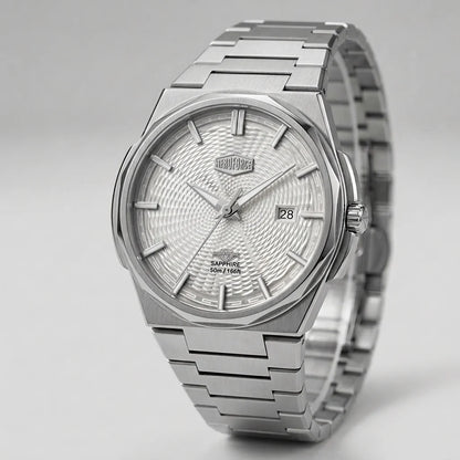 Full form of HEROFORCE wristwatch with silver bracelet, guilloché patterned dial, polished angular bezel, silver markers and hands, date window at 28, brushed steel finish.