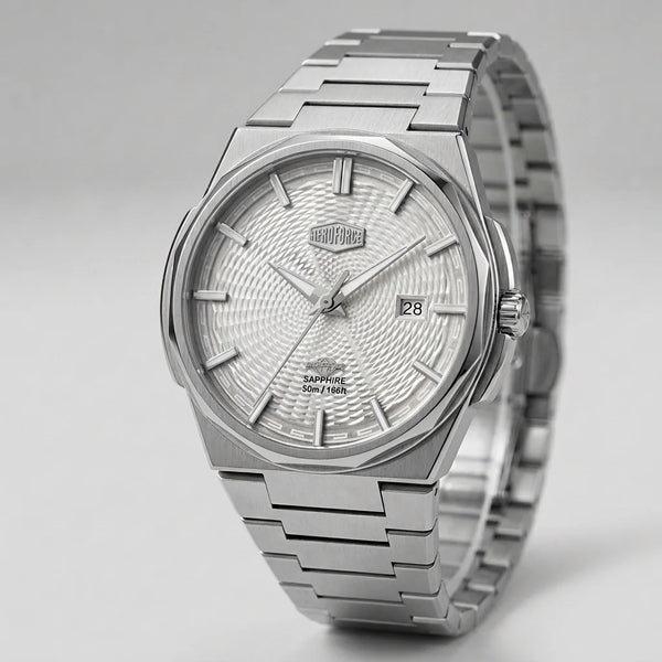 Full form of HEROFORCE wristwatch with silver bracelet, guilloché patterned dial, polished angular bezel, silver markers and hands, date window at 28, brushed steel finish.