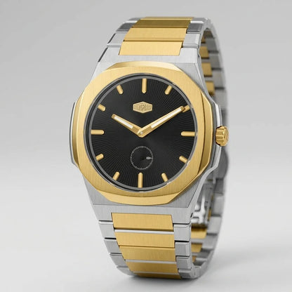 Full frontal view - Silver and Gold Stainless Steel Watch with Black Dial and Small Seconds