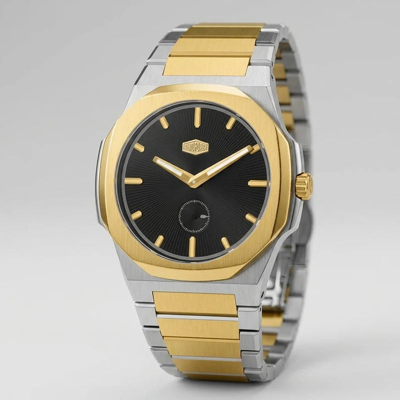 Full frontal view - Silver and Gold Stainless Steel Watch with Black Dial and Small Seconds