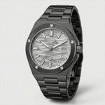 Full frontal view of A men's analog watch with a black metal case and link bracelet, featuring a silver dial with a wavy pattern, silver hour markers