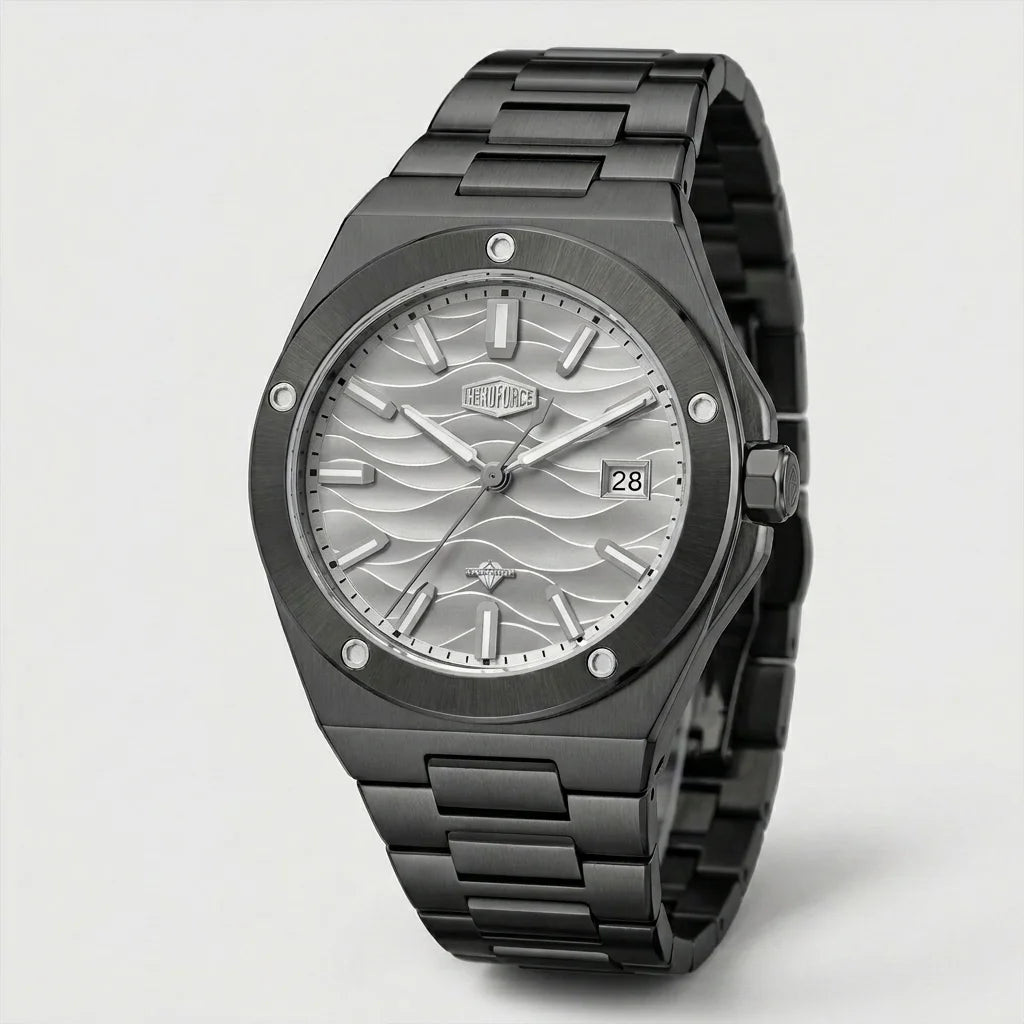 Full frontal view of A men's analog watch with a black metal case and link bracelet, featuring a silver dial with a wavy pattern, silver hour markers