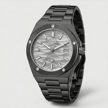 Full frontal view of A men's analog watch with a black metal case and link bracelet, featuring a silver dial with a wavy pattern, silver hour markers