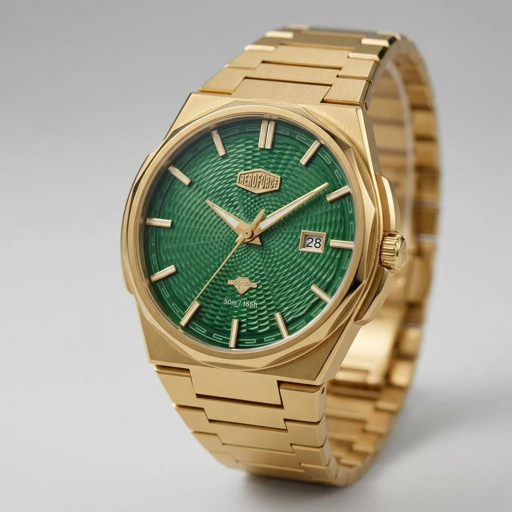 Full frontal view of Gold-tone stainless steel watch with green textured dial, date display, and integrated bracelet