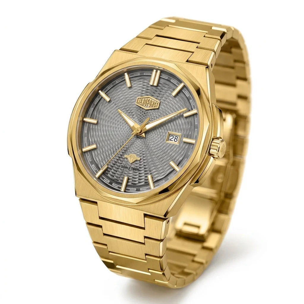 Full frontal view of Gold-tone stainless steel watch with grey textured dial, date display, and integrated bracelet