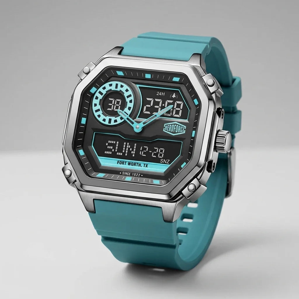 Full frontal view of Rectangular wristwatch with metallic case, turquoise strap, and geometric analog-digital face with turquoise accents.