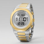 Full frontal view of Round digital wristwatch with alternating silver and gold segmented band, gold bezel, and three gold side buttons