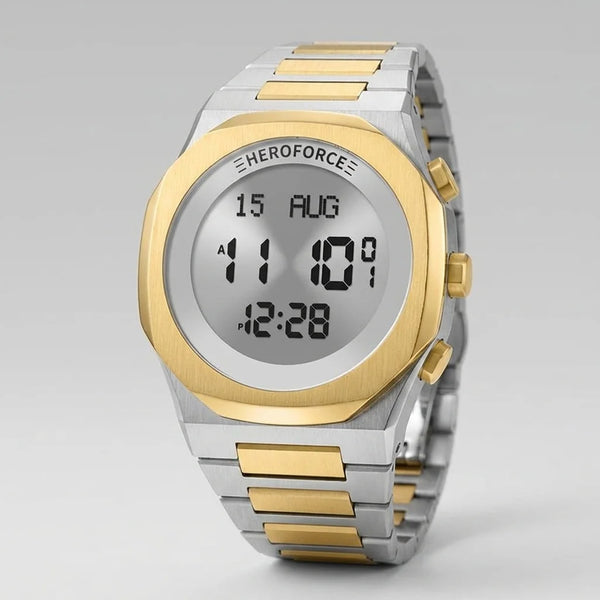 Full frontal view of Round digital wristwatch with alternating silver and gold segmented band, gold bezel, and three gold side buttons