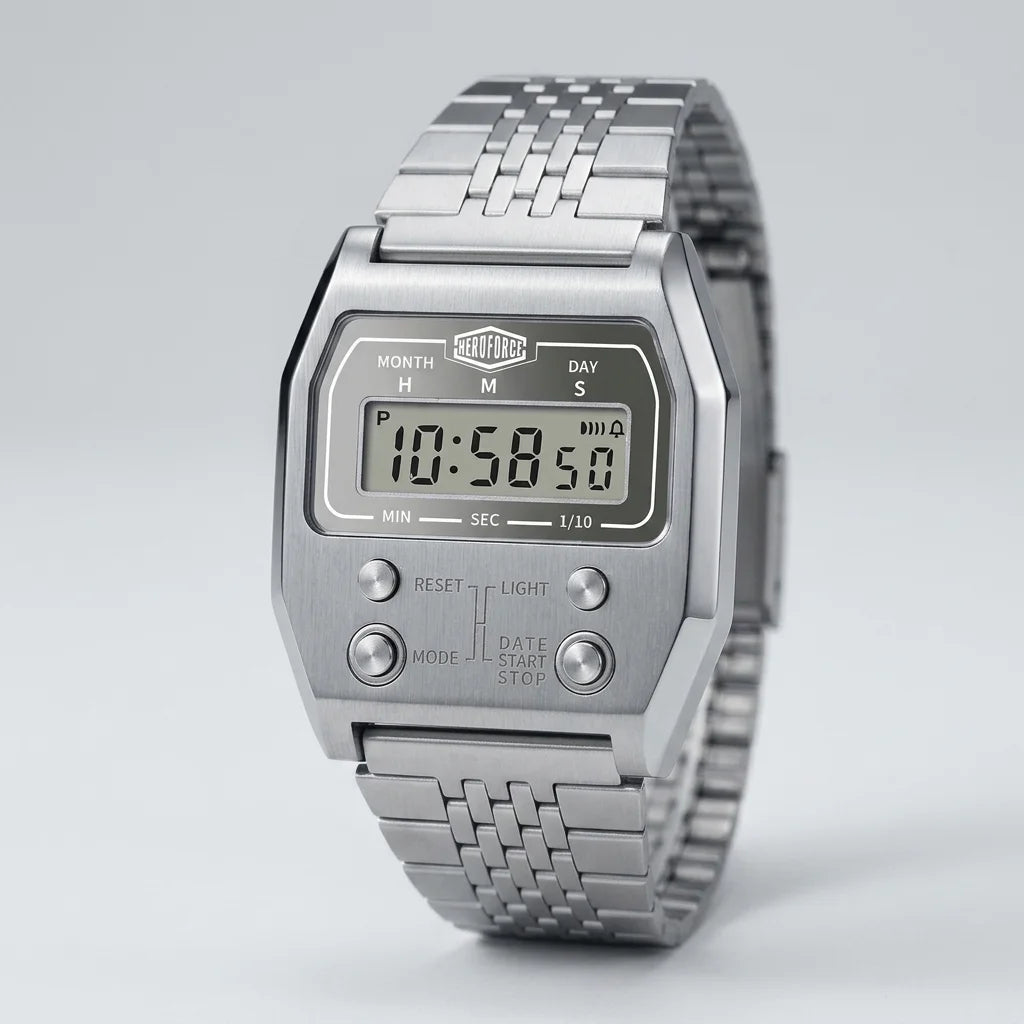 Full frontal view of Silver digital wristwatch with rectangular face and segmented band, display showing brand “HEROFORCE,”