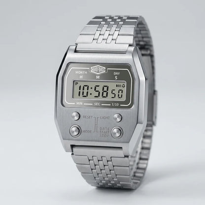 Full frontal view of Silver digital wristwatch with rectangular face and segmented band, display showing brand “HEROFORCE,”