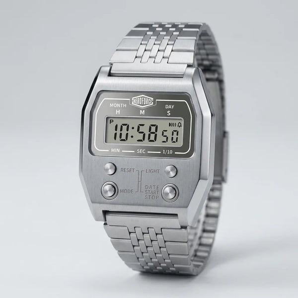 Full frontal view of Silver digital wristwatch with rectangular face and segmented band, display showing brand “HEROFORCE,”