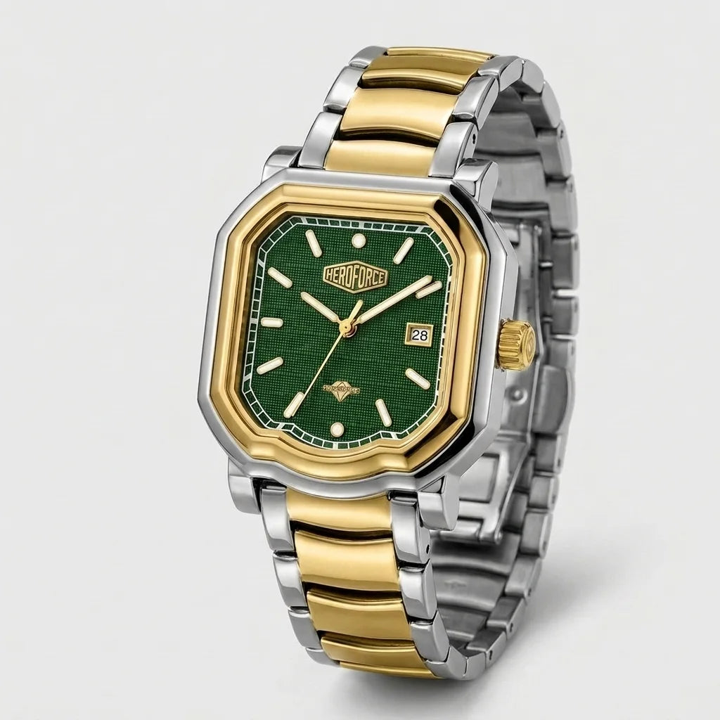 Full watch - Two tone stainless steel wristwatch with a green textured dial and date display.