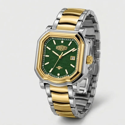 Full watch - Two tone stainless steel wristwatch with a green textured dial and date display.