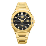 gold watch, black textured dial, gold hands
