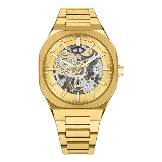Gold-tone automatic skeleton watch with a matching gold-tone metal link bracelet, featuring a visible mechanical movement through the open dial and a date window at the 6 o'clock position.